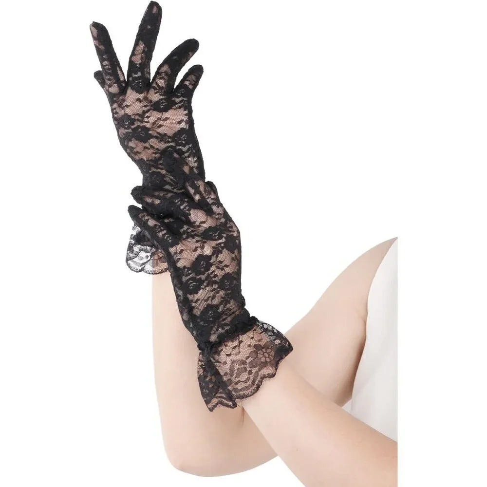 Women's Black Short Nylon Mesh Imported Nylon Sheer Lace Ruffles Gloves